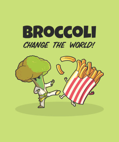 Illustrated T-Shirt Design Template Featuring a Broccoli and French Fries Doing Karate
