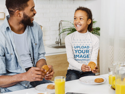 Long Sleeve Tee Mockup Featuring a Girl Eating Cookies With Her Father 39219-r-el2