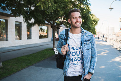 T-Shirt Mockup of a Young Man Walking to College