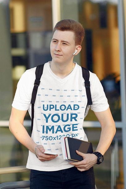 V-Neck Tee Mockup of a Young College Student Walking 
