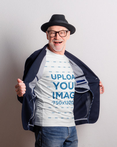 T-Shirt Mockup Featuring a Joyful Senior Man 
