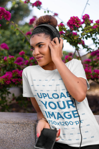 T-Shirt Mockup of a Smiling Woman Listening to Music 37717-r-el2