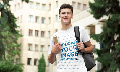 T-Shirt Mockup of a Young Man at a University Campus
