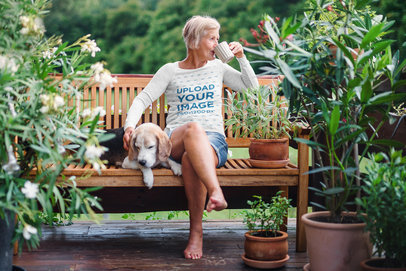 Long Sleeve Tee Mockup of a Senior Woman Drinking Tea on a Bench 