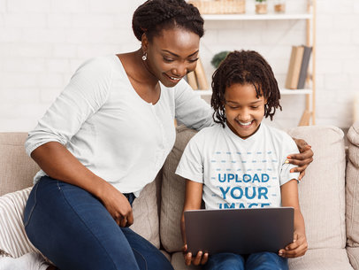 T-Shirt Mockup of a Girl Having Fun with Her Mom while Using a Tablet 39225-r-el2