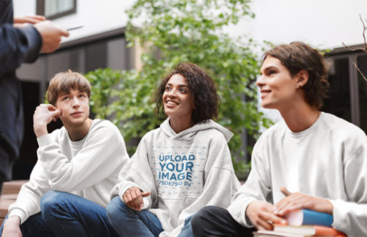 Heather Hoodie Mockup of a Young Woman Hanging Out With Her Friends