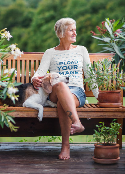 Heathered Long Sleeve Tee Mockup of a Woman Sitting on a Bench With Her Dog 