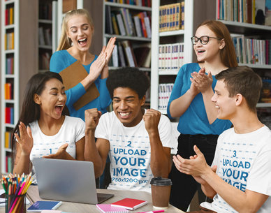 T-Shirt Mockup of a Group of Students Celebrating in the Library