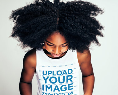Sleeveless Shirt Mockup of a Little Girl with a Big Mane of Curly Hair
