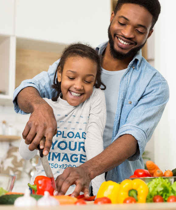 Heather Long Sleeve Tee Mockup of a Girl Cooking With Her Father 