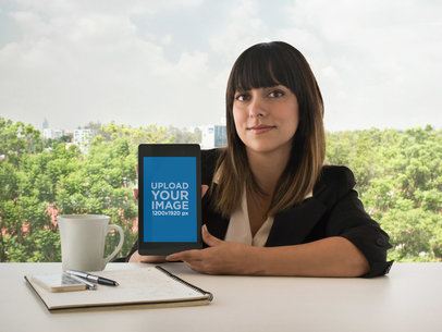 Mockup of a Woman Displaying a Nexus 7 