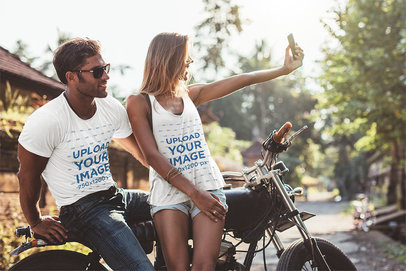 T-Shirt Mockup of a Couple Taking a Selfie on a Motorbike 39313-r-el2