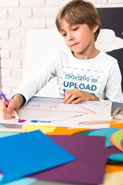 Long Sleeve Tee Mockup of a Boy Drawing 