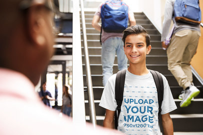 T-Shirt Mockup of a Teenage Boy at School