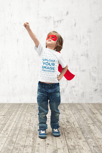 T-Shirt Mockup of a Boy Doing a Superhero Pose