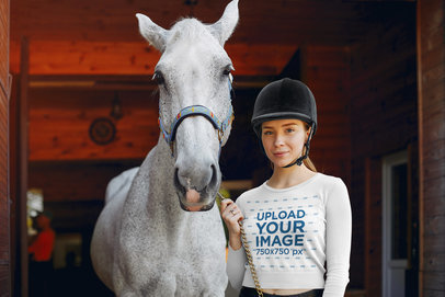 Long Sleeve Tee Mockup Featuring a Jockey and Her Horse