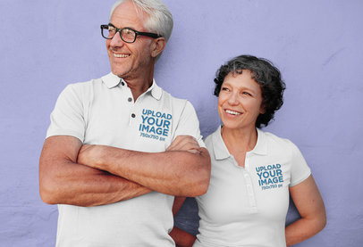Mockup of a Senior Couple Wearing Polo Shirts