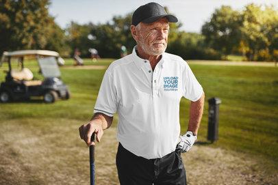 Polo Shirt Mockup Featuring a Man Playing Golf