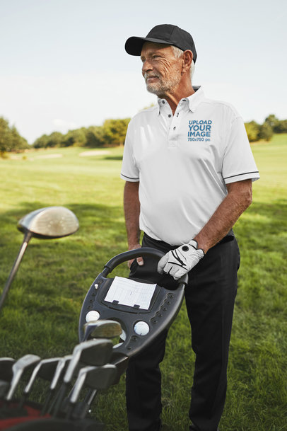 Polo Shirt Mockup of a Senior Man Playing Golf