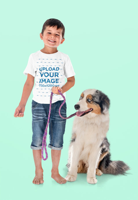 Round Neck T-Shirt Mockup of a Boy with a Dog at a Studio
