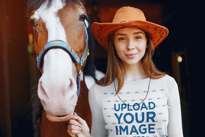 Long Sleeve Tee Mockup Featuring a Woman and Her Horse