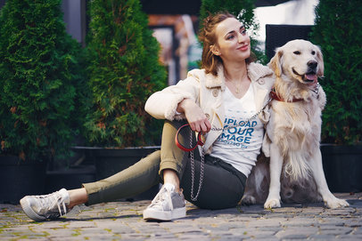 V-Neck T-Shirt Mockup of a Woman Sitting on the Street with Her Dog 39125-r-el2