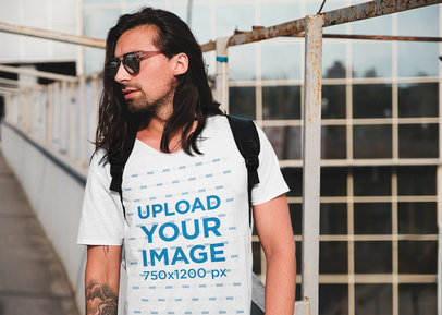 T-Shirt Mockup of a Long-Haired Hipster Man in an Urban Scenario 38252-r-el2