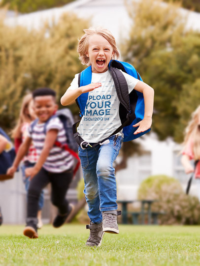 T-Shirt Mockup of a Cheerful Boy Running