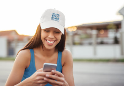 Dad Hat Mockup of a Woman on Her Phone