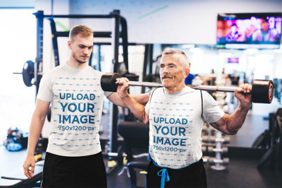 T-Shirt Mockup of a Fitness Coach Training a Senior Man