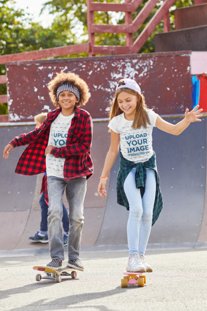 T-Shirt Mockup Featuring Two Happy Kids at a Skatepark 