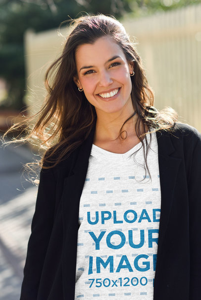 V-Neck T-Shirt Mockup Featuring a Smiling Woman