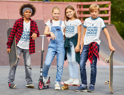 T-Shirt Mockup Featuring Four Kids at a Skatepark 