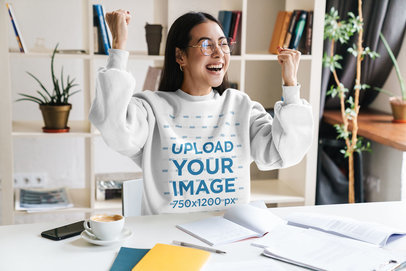 Crewneck Sweatshirt Mockup of a Joyful College Student at Home 