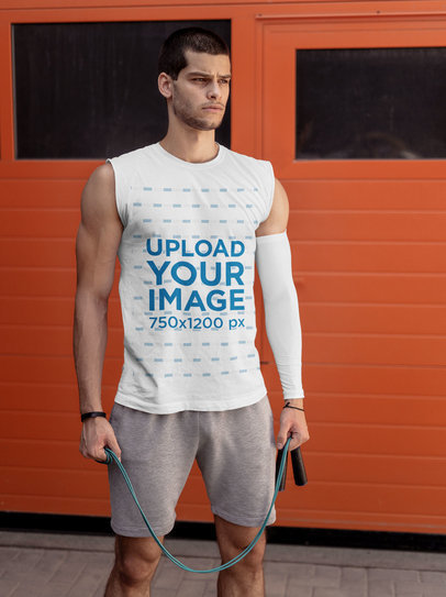 Sleeveless Shirt Mockup of a Man with a Training Sleeve