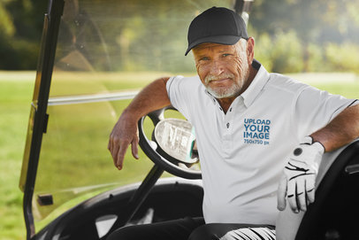 Polo Shirt Mockup of a Senior Man Sitting in a Golf Cart