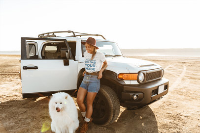 Round-Neck Tee Mockup of a Woman Traveling with Her Dog 