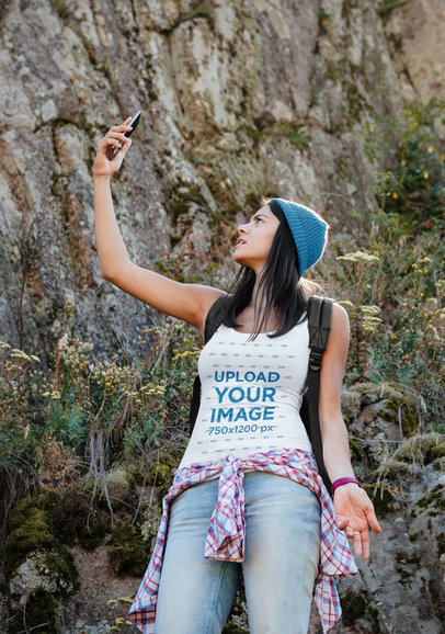 Tank Top Mockup of a Young Woman on a Hike