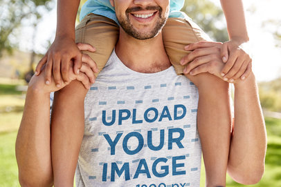 Heathered T-Shirt Mockup of a Man Carrying His Son on His Shoulders