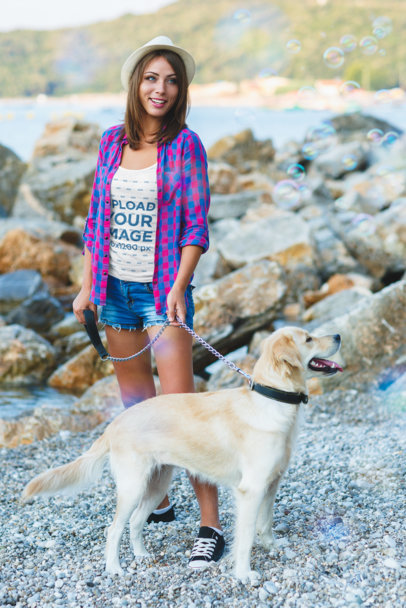 Tank Top Mockup of a Woman With Her Dog at the Beach