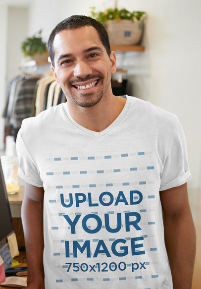 V-Neck T-Shirt Mockup Featuring a Smiling Man