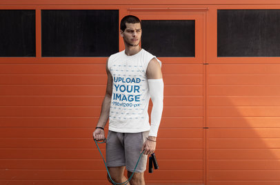 Mockup of a Young Man with a Sleeveless Shirt and a Jumping Rope