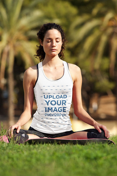 Tank Top Mockup Featuring a Woman Meditating on a Garden