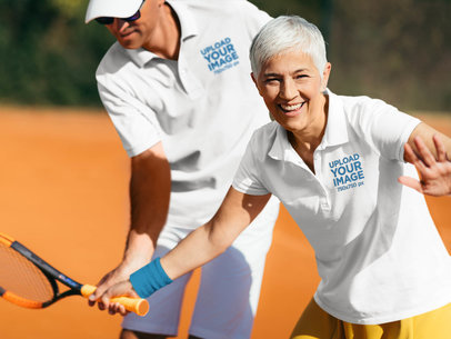 Polo Shirt Mockup of a Senior Woman with Her Tennis Coach