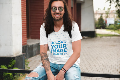T-Shirt Mockup Featuring a Cool Long-Haired Man
