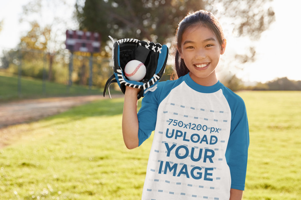 Raglan Tee Mockup of a Girl Playing Posing with Her Baseball Glove