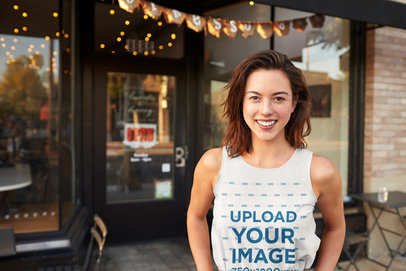 Tank Top Mockup of a Woman Smiling Outside a Coffee Store 38635-r-el2