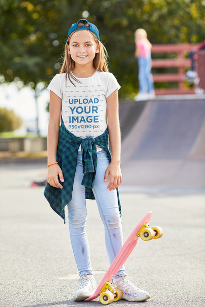 T-Shirt Mockup Featuring a Girl at a Skatepark