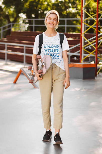 T-Shirt Mockup of a Teen Girl at the Skatepark