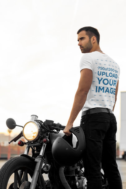 Back View Mockup of a Biker Man Standing Next to a Motorcycle 34499-r-el2